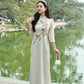 Cream Plumeria Embroidery Ao Dai Set 39A| Pre-made Traditional Vietnamese Women Ao Dai with Pants |Lunar New Year|Ao Dai Truyen Thong