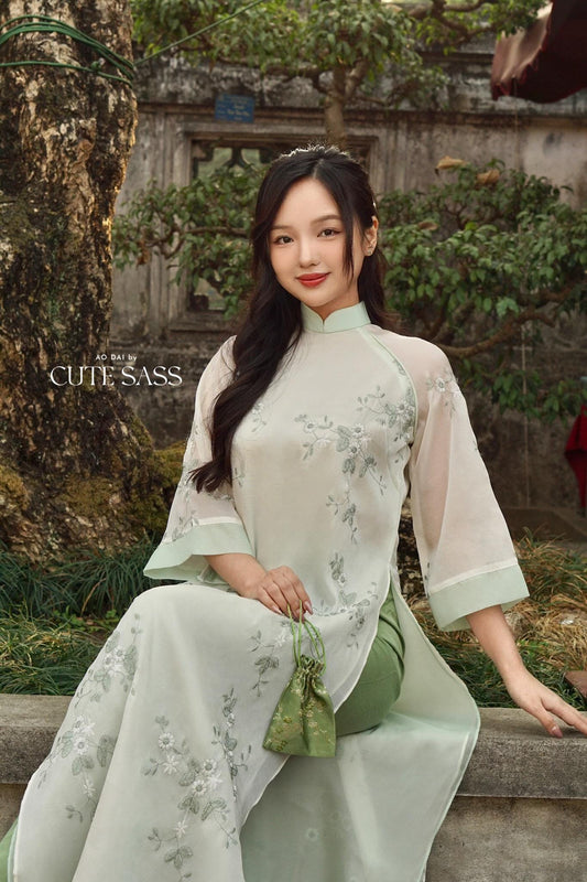 Shifted Cyan Embroidery Chiffon with Clover Tassel Ao Dai Set |Pre-made Vietnamese Women Ao Dai with Pants | Lunar New Year|Ao Dai Cach Tan