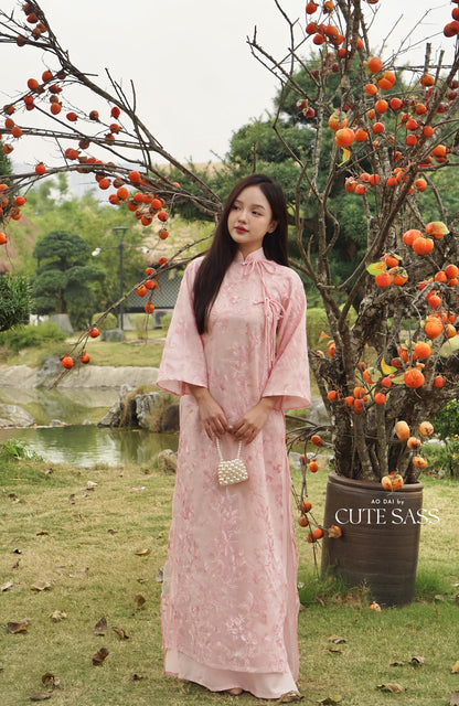 Shifted Pink Embroidery Butterflies Bows Ao Dai Set |Pre-made Vietnamese Women Ao Dai with Pants | Lunar New Year|Ao Dai Cach Tan