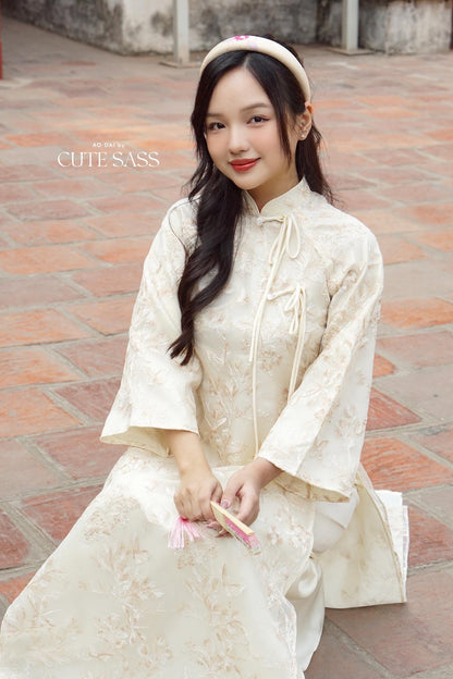 Shifted Cream Embroidery Butterflies Bows Ao Dai Set |Pre-made Vietnamese Women Ao Dai with Pants | Lunar New Year|Ao Dai Cach Tan