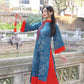 Prussian Blue Embroidery Tu Minh with Red Bow Ao Dai Set |Pre-made Modernized Vietnamese Ao Dai with Pants | Lunar New Year |