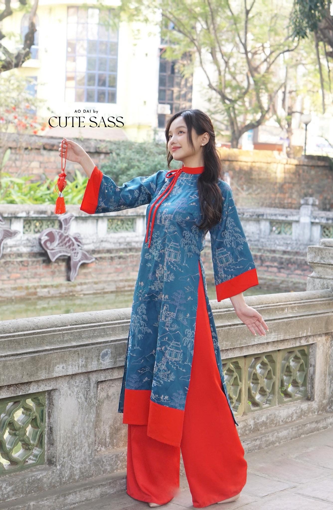 Prussian Blue Embroidery Tu Minh with Red Bow Ao Dai Set |Pre-made Modernized Vietnamese Ao Dai with Pants | Lunar New Year |