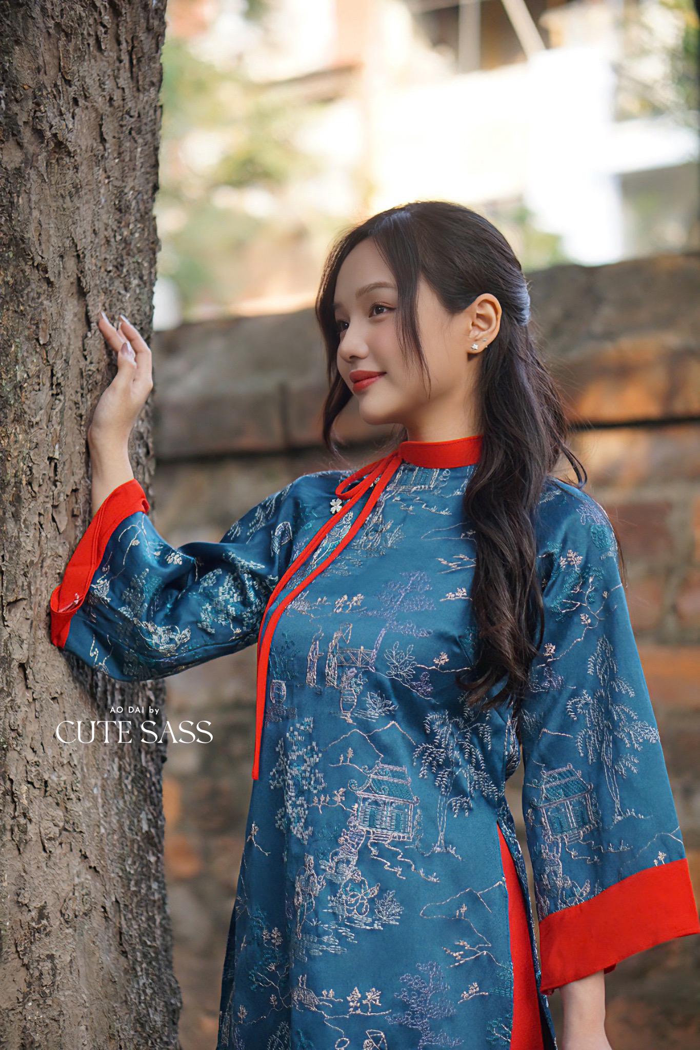 Prussian Blue Embroidery Tu Minh with Red Bow Ao Dai Set |Pre-made Modernized Vietnamese Ao Dai with Pants | Lunar New Year |