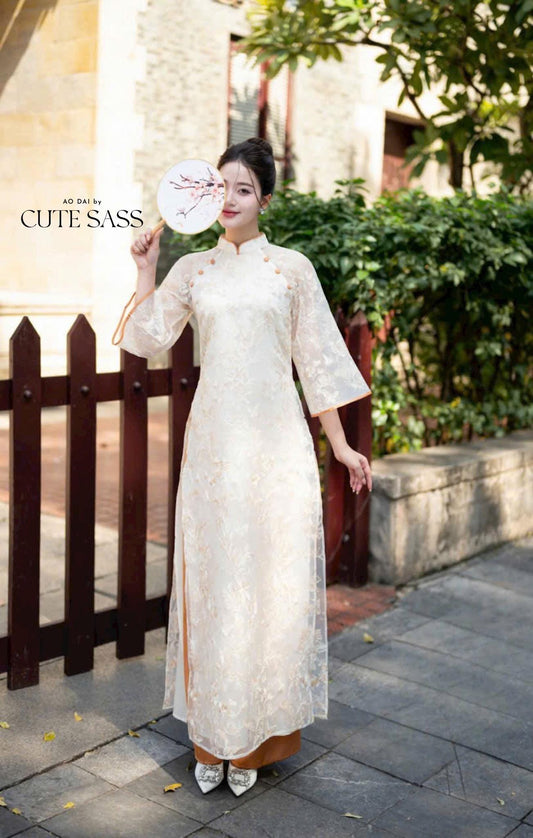 Shifted Cream Chiffon Embroidery with Coral Buttons Ao Dai Set 12 A|Pre-made Vietnamese Ao Dai with Pants | Lunar New Year|Ao Dai Cach Tan