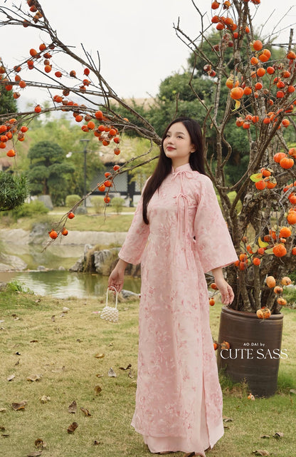 Shifted Pink Embroidery Butterflies Bows Ao Dai Set |Pre-made Vietnamese Women Ao Dai with Pants | Lunar New Year|Ao Dai Cach Tan