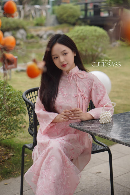 Shifted Pink Embroidery Butterflies Bows Ao Dai Set |Pre-made Vietnamese Women Ao Dai with Pants | Lunar New Year|Ao Dai Cach Tan