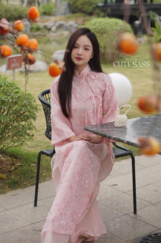 Shifted Pink Embroidery Butterflies Bows Ao Dai Set |Pre-made Vietnamese Women Ao Dai with Pants | Lunar New Year|Ao Dai Cach Tan