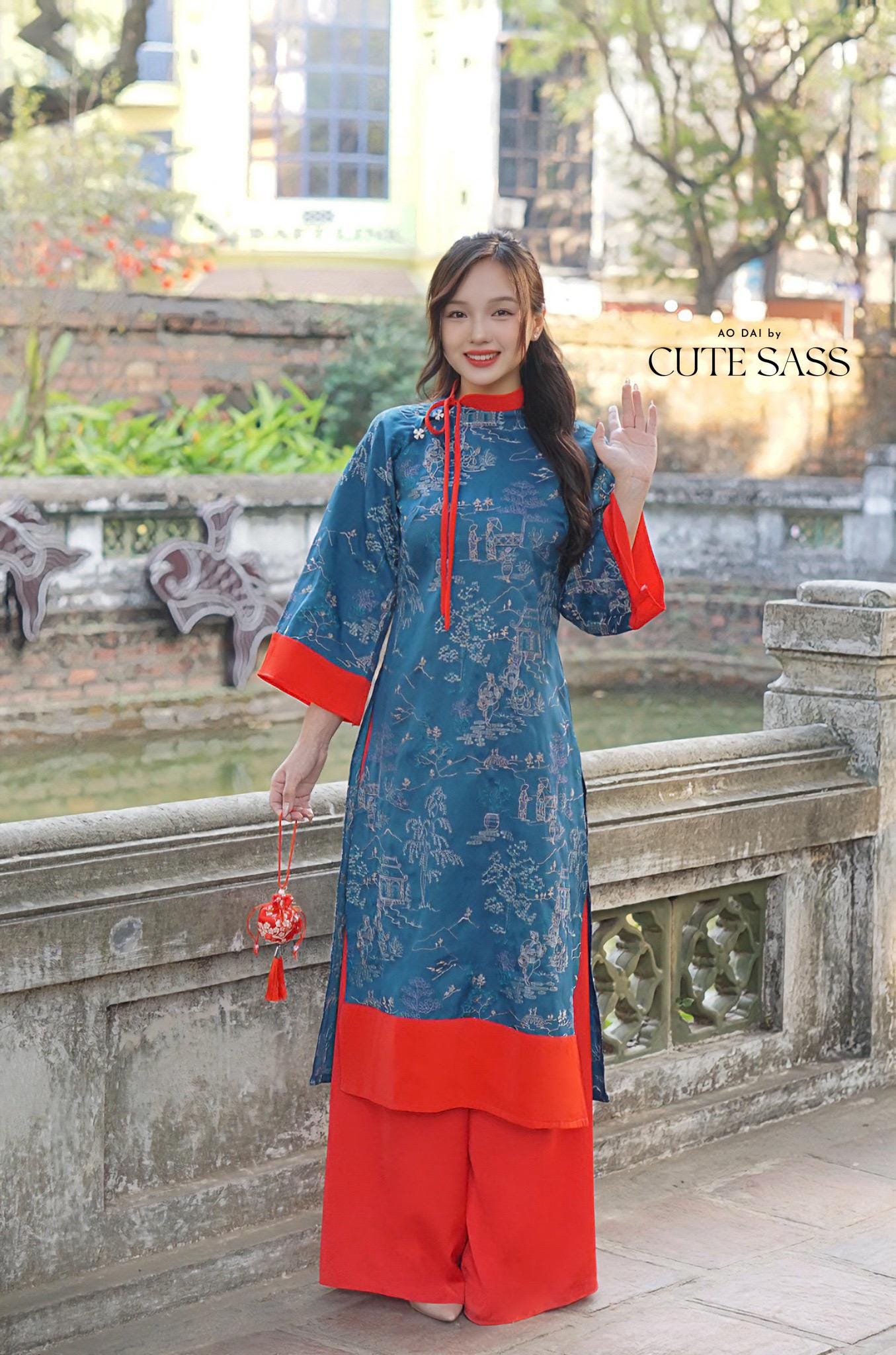 Prussian Blue Embroidery Tu Minh with Red Bow Ao Dai Set |Pre-made Modernized Vietnamese Ao Dai with Pants | Lunar New Year |