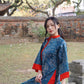 Prussian Blue Embroidery Tu Minh with Red Bow Ao Dai Set |Pre-made Modernized Vietnamese Ao Dai with Pants | Lunar New Year |