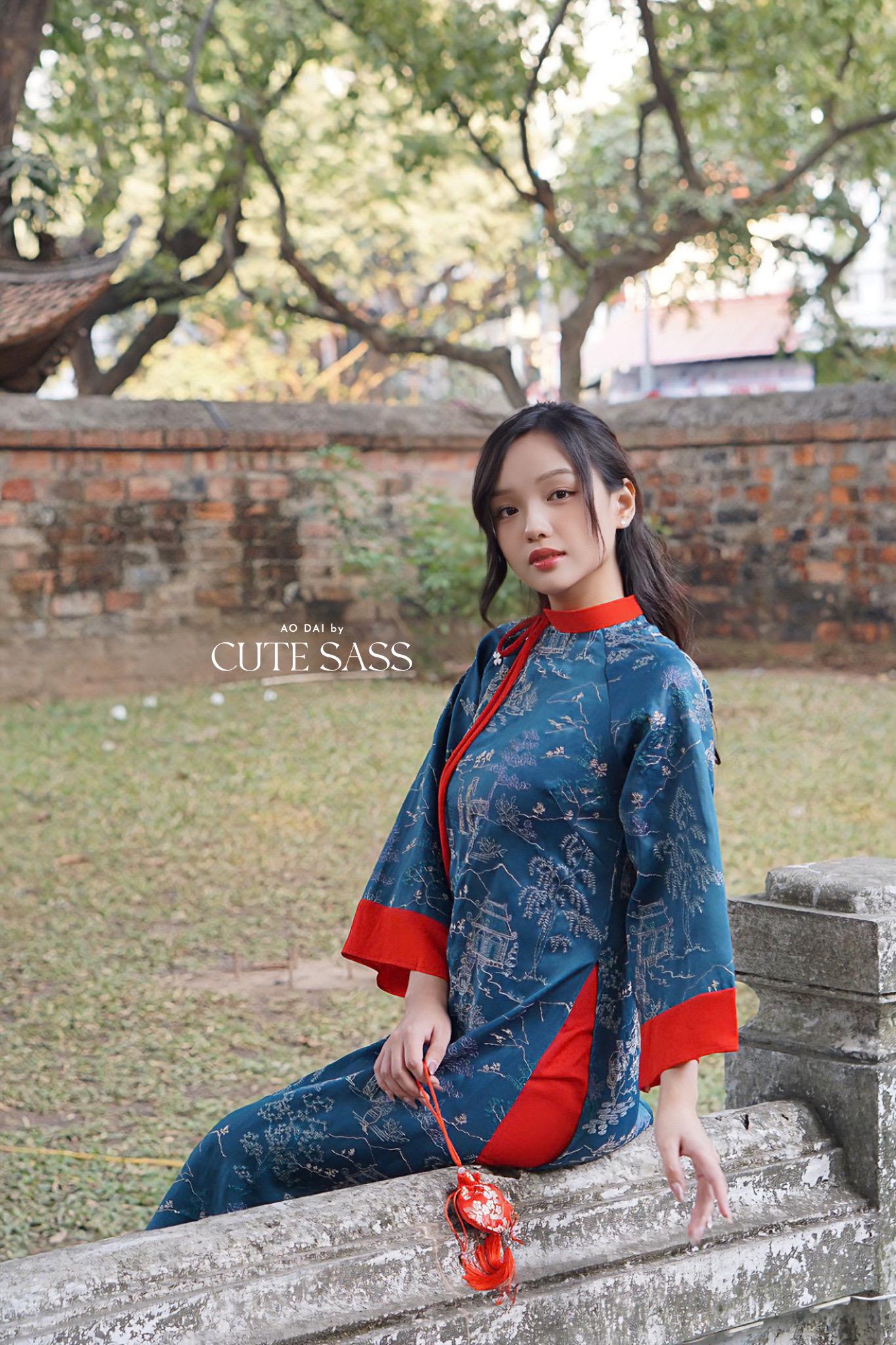 Prussian Blue Embroidery Tu Minh with Red Bow Ao Dai Set |Pre-made Modernized Vietnamese Ao Dai with Pants | Lunar New Year |