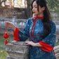 Prussian Blue Embroidery Tu Minh with Red Bow Ao Dai Set |Pre-made Modernized Vietnamese Ao Dai with Pants | Lunar New Year |