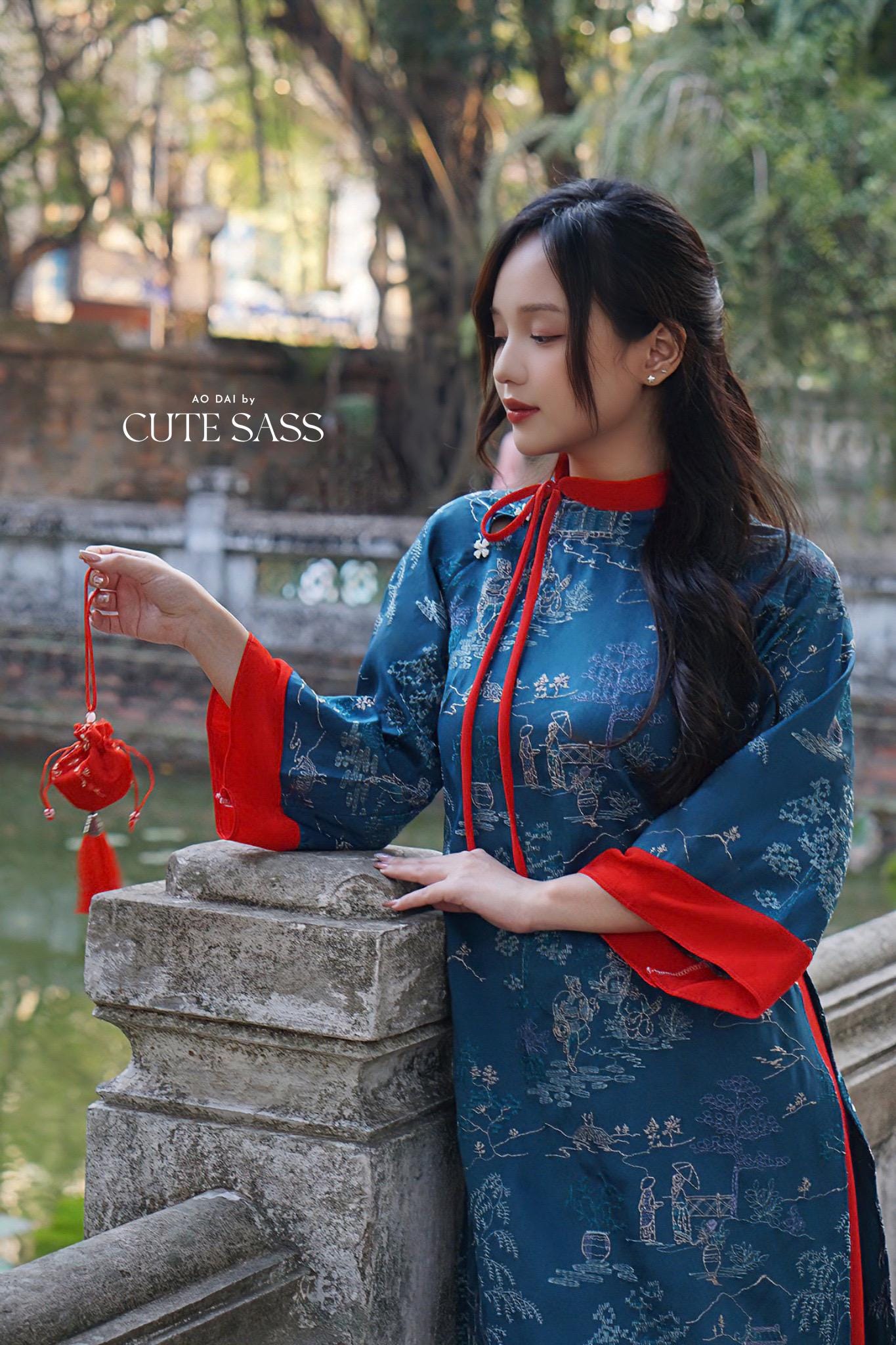 Prussian Blue Embroidery Tu Minh with Red Bow Ao Dai Set |Pre-made Modernized Vietnamese Ao Dai with Pants | Lunar New Year |