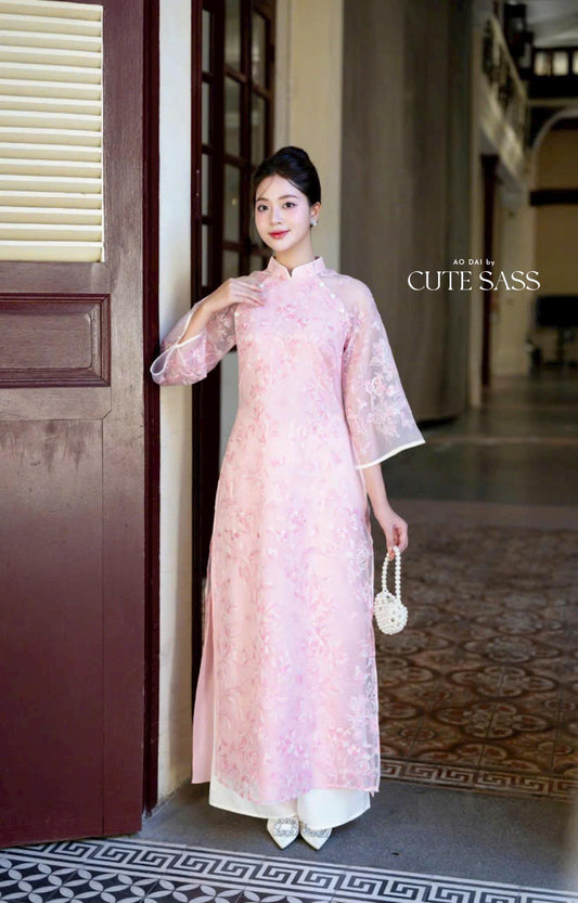 Shifted Pink Chiffon Embroidery with Buttons Ao Dai Set 12 A|Pre-made Vietnamese Women Ao Dai with Pants | Lunar New Year|Ao Dai Cach Tan