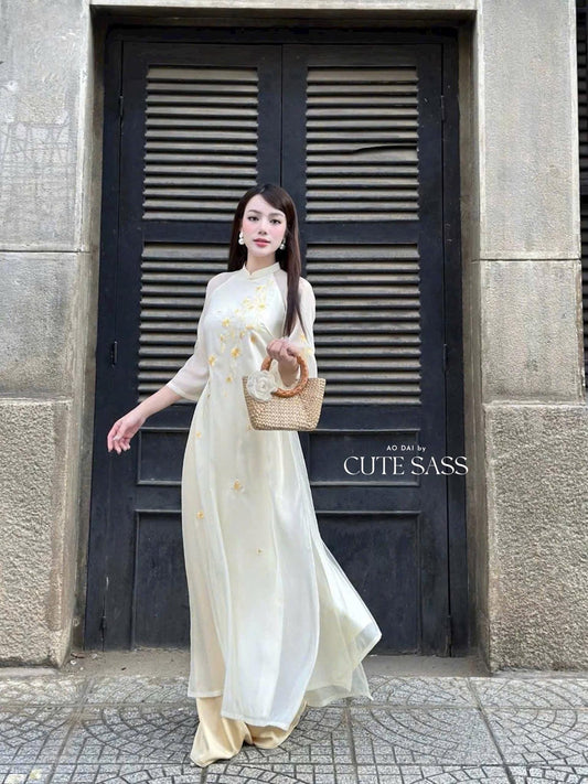 Cream Chiffon with Gold Mai Embroidery Mai Ao Dai Set 35B|Pre-made Vietnamese Ao Dai with Pants | Lunar New Year|Ao Dai Cach Tan