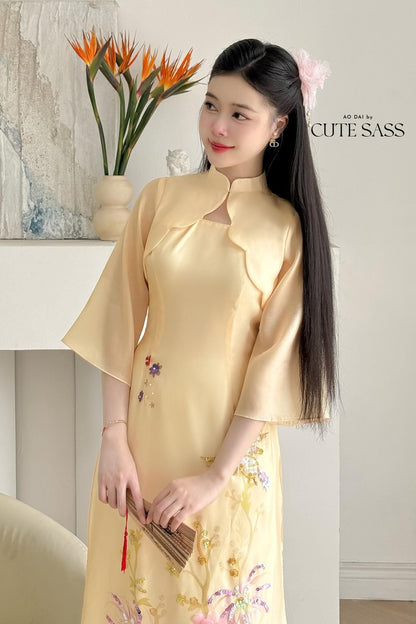 Yellow "Season" Blazer Cape Ao Dai Top Only, NO PANTS 12C| Pre-made Modernized Vietnamese Ao Dai| Lunar New Year| Ao Dai Cach Tan| AoDaibyCuteSass