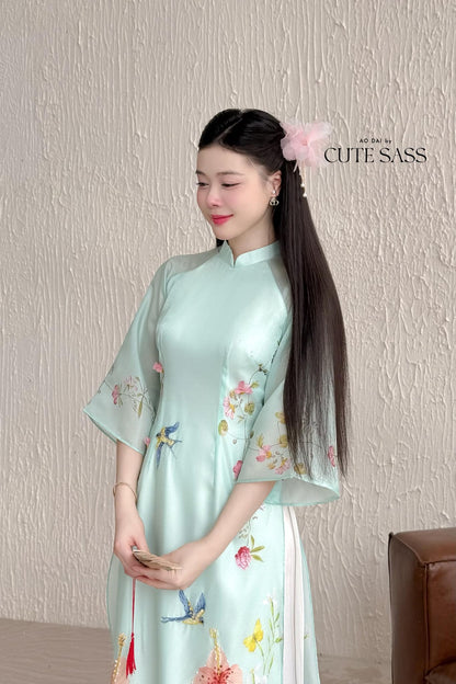 Cyan Spring Garden Hac Ao Dai Top Only, No Pants 12C| Pre-made Modernized Vietnamese Ao Dai with Pants| Lunar New Year| Ao Dai Cach Tan| AoDaibyCuteSass