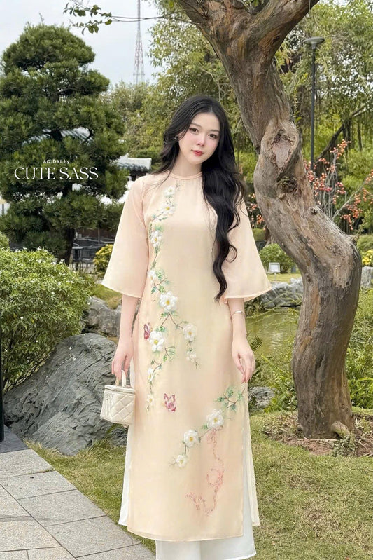 Pastel Yellow 3D Branches Ao Dai Top Only, NO PANTS 30A|Pre-made Modernized Vietnamese Ao Dai| Women Ao Dai with Pants | Lunar New Year|