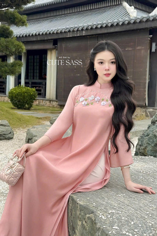 Pink Embroidery 3D Sakura Ao Dai Top Only, NO PANTS 30A|Pre-made Modernized Vietnamese Ao Dai|Pastel Pink Ao Dai|