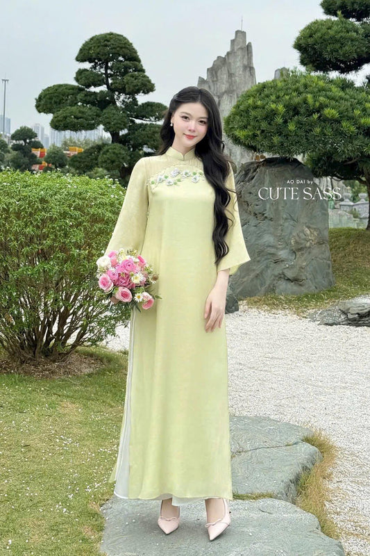 Pastel Green Embroidery 3D Sakura Ao Dai Top Only, NO PANTS 30A|Pre-made Modernized Vietnamese Ao Dai| Pastel Ao Dai| Lunar New Year|