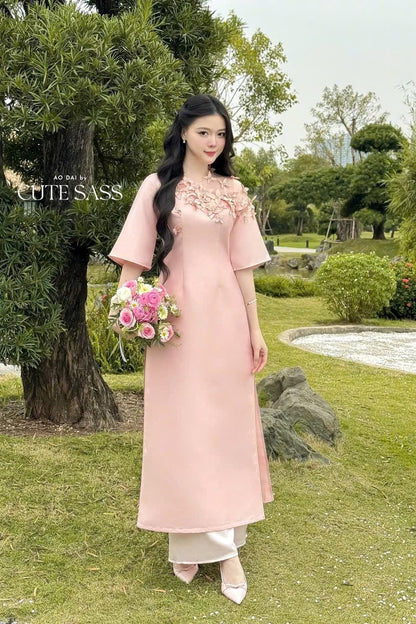 Pink 3D Flowers with Mesh Neckline Ao Dai Top Only, No Pant 30C|Pre-made Modernized Vietnamese Ao Dai| Pastel Ao Dai| Lunar New Year| AoDaibyCuteSass