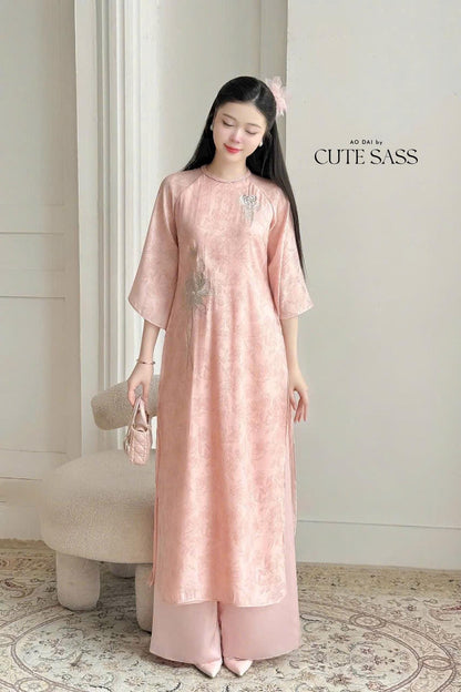 Pink Embroidery Lotus Braided Neckline Ao Dai Set 12C|Pre-made Modernized Vietnamese Ao Dai|Pastel Pink Ao Dai| AoDaibyCuteSass