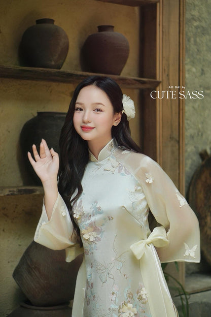 Yen - Cream and Gold 3D Flowers Bow Shifted Ao Dai Set 22C|Pre-made Modernized Vietnamese Ao Dai | Lunar New Year| AoDaibyCuteSass