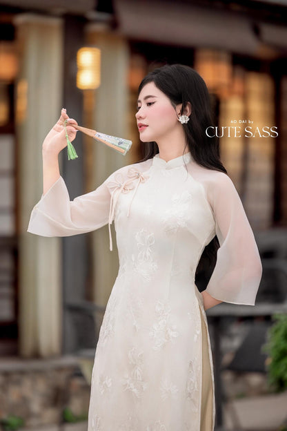 Cream Chiffon Embroidery Bow Ao Dai Set 6D |Pre-made Vietnamese Women Ao Dai with Pants | Lunar New Year|Ao Dai Cach Tan AoDaibyCuteSass