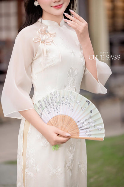 Cream Chiffon Embroidery Bow Ao Dai Set 6D |Pre-made Vietnamese Women Ao Dai with Pants | Lunar New Year|Ao Dai Cach Tan AoDaibyCuteSass