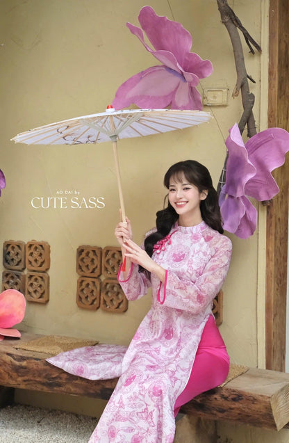 Pink Printed Koi Bows Ao Dai Set 6D| Pre-made Traditional Vietnamese Ao Dai | Women Ao Dai with Pants|Lunar New Year| AoDaibyCuteSass