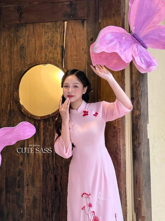 Pink Chiffon 3D Butterflies Ao Dai Set |Pre-made Vietnamese Ao Dai with Pants | Lunar New Year|Ao Dai Cach Tan