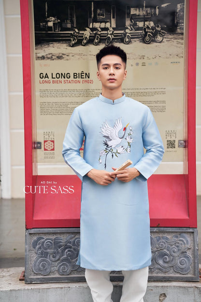 Men Blue Embroidery Bird Ao Dai Top 43C | Pre-made Traditional Vietnamese Ao Dai| Lunar New Year | Ao Dai for Dad, Boy |Ao Dai Tet| AoDaibyCuteSass