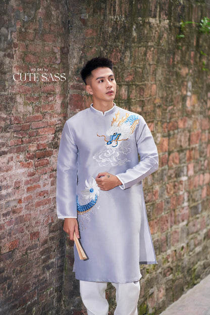 Men Gray Embroidery Dragon Ao Dai Top 44B | Pre-made Traditional Vietnamese Ao Dai| Lunar New Year | Ao Dai for Dad, Boy |Ao Dai Tet| AoDaibyCuteSass