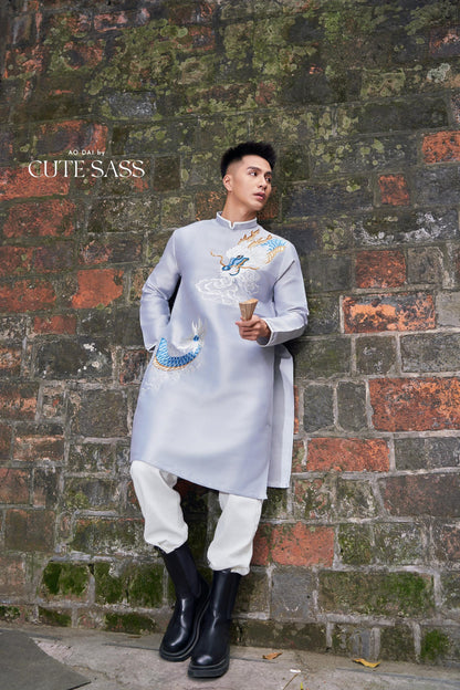Men Gray Embroidery Dragon Ao Dai Top 44B | Pre-made Traditional Vietnamese Ao Dai| Lunar New Year | Ao Dai for Dad, Boy |Ao Dai Tet| AoDaibyCuteSass