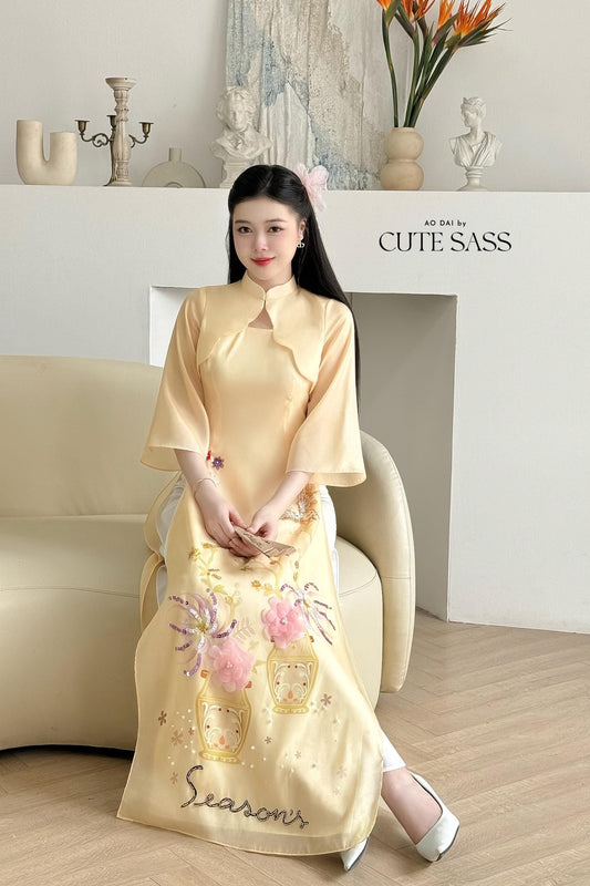 Yellow "Season" Blazer Cape Ao Dai Top Only, NO PANTS 12C| Pre-made Modernized Vietnamese Ao Dai| Lunar New Year| Ao Dai Cach Tan| AoDaibyCuteSass