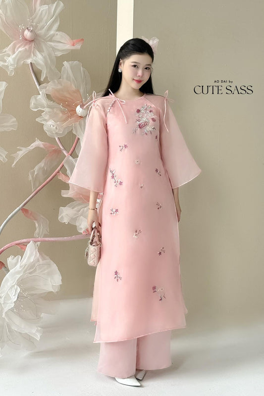 Pink Chiffon Embroidery Roses Ao Dai Set 12C| Pre-made Modernized Vietnamese Ao Dai with Pants| Lunar New Year| Ao Dai Cach Tan| AoDaibyCuteSass