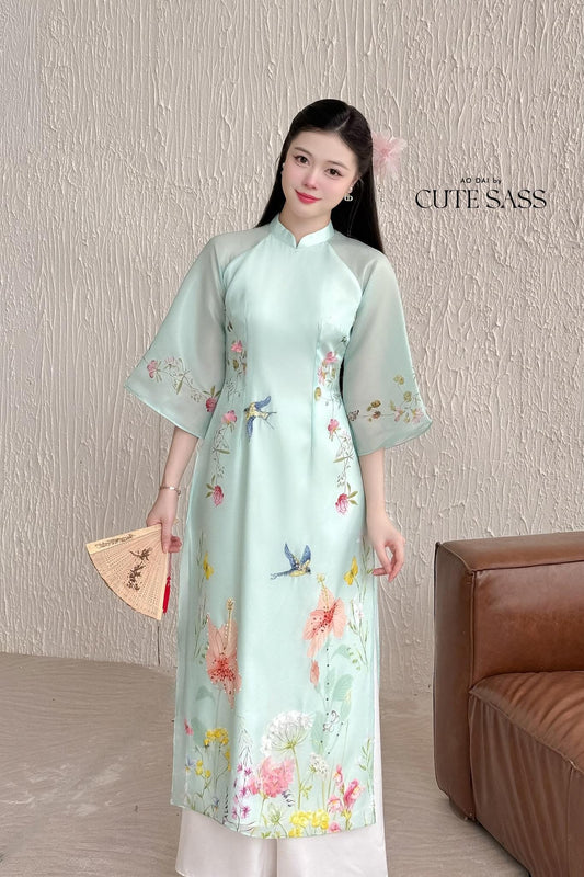 Cyan Spring Garden Hac Ao Dai Top Only, No Pants 12C| Pre-made Modernized Vietnamese Ao Dai with Pants| Lunar New Year| Ao Dai Cach Tan| AoDaibyCuteSass