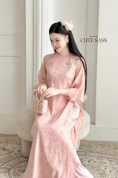 Pink Embroidery Lotus Braided Neckline Ao Dai Set 12C|Pre-made Modernized Vietnamese Ao Dai|Pastel Pink Ao Dai| AoDaibyCuteSass