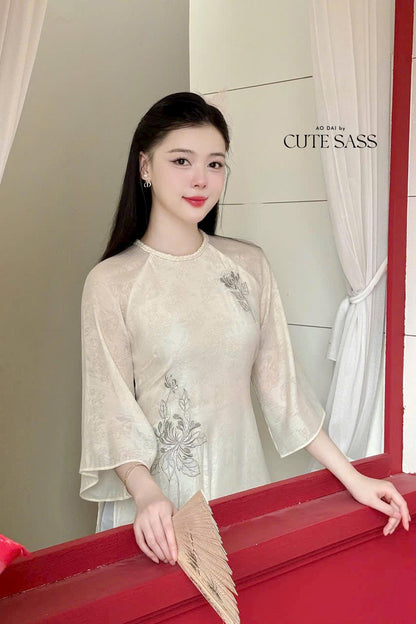 Cream Embroidery Lotus Braided Neckline Ao Dai Top Only, No Pants 12C|Pre-made Modernized Vietnamese Ao Dai|Pastel Pink Ao Dai| AoDaibyCuteSass