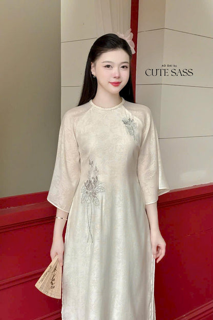 Cream Embroidery Lotus Braided Neckline Ao Dai Top Only, No Pants 12C|Pre-made Modernized Vietnamese Ao Dai|Pastel Pink Ao Dai| AoDaibyCuteSass