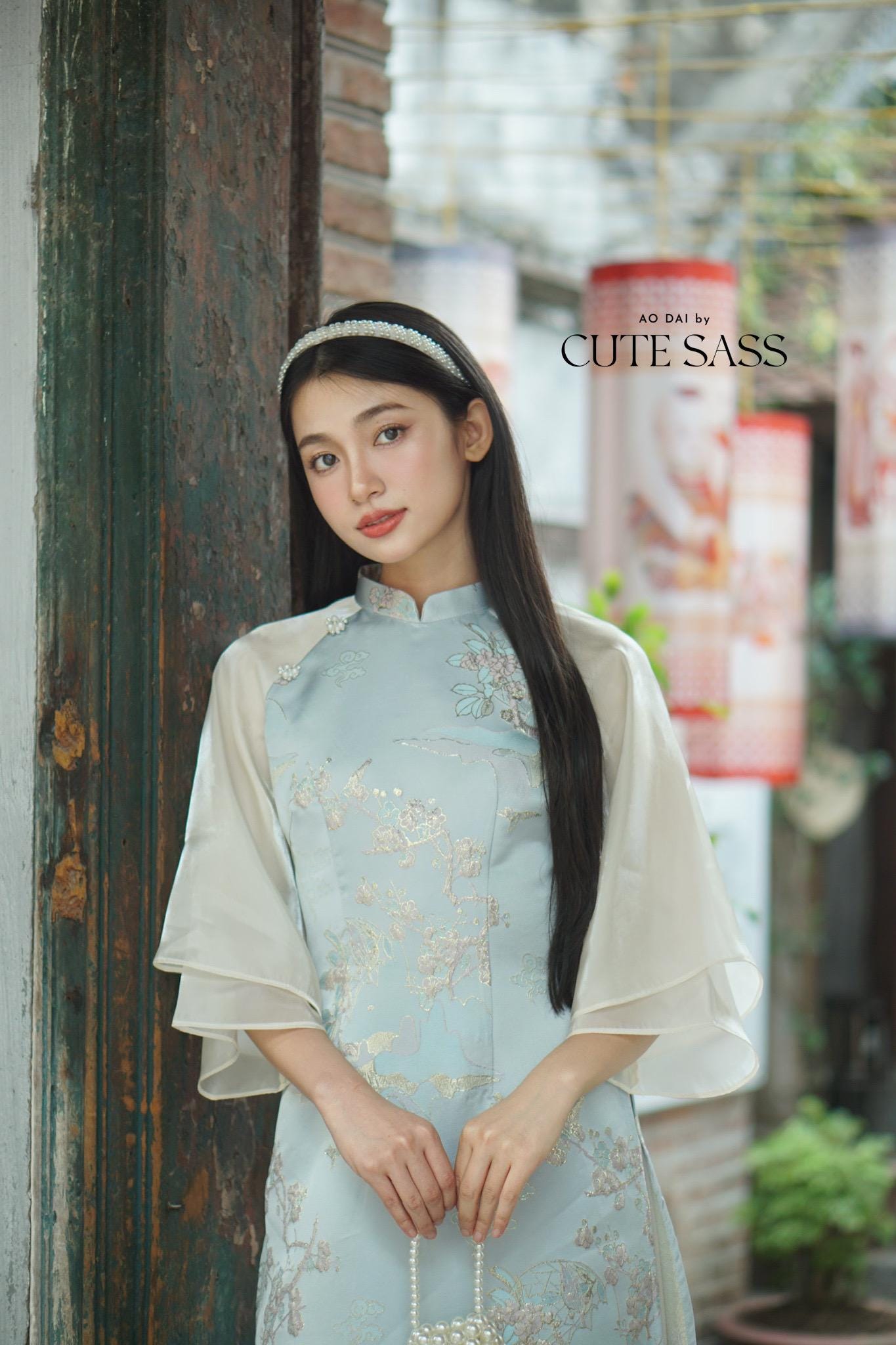Yen - Blue Heirloom Sheer Sleeves Ao Dai Top Only, No Pants| Pre-made Modernized Vietnamese Ao Dai| Lunar New Year AoDaibyCuteSass