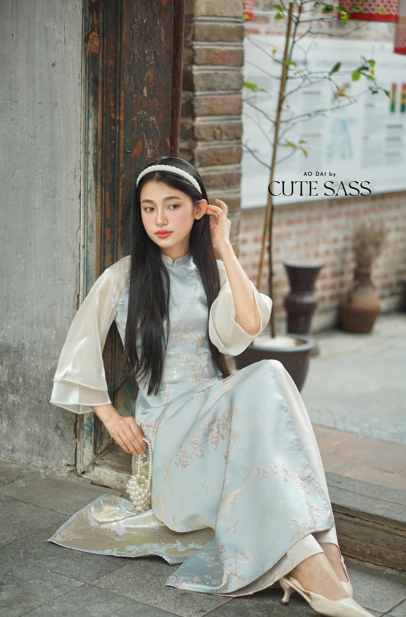 Yen - Blue Heirloom Sheer Sleeves Ao Dai Top Only, No Pants| Pre-made Modernized Vietnamese Ao Dai| Lunar New Year AoDaibyCuteSass
