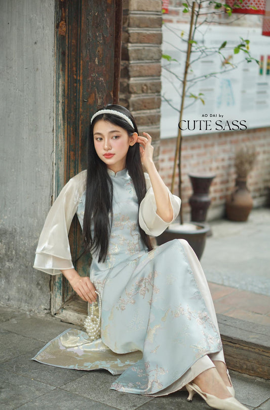 Yen - Blue Heirloom Sheer Sleeves Ao Dai Top Only, No Pants| Pre-made Modernized Vietnamese Ao Dai| Lunar New Year AoDaibyCuteSass