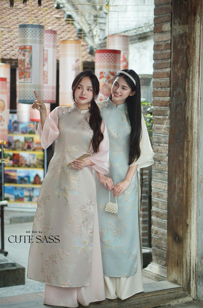 Yen - Blue Heirloom Sheer Sleeves Ao Dai Top Only, No Pants| Pre-made Modernized Vietnamese Ao Dai| Lunar New Year AoDaibyCuteSass