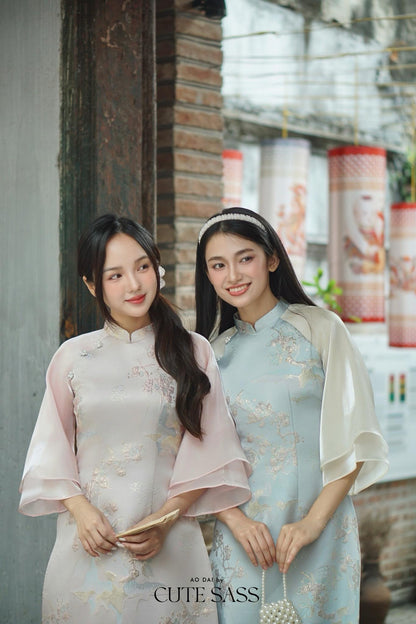 Yen - Blue Heirloom Sheer Sleeves Ao Dai Top Only, No Pants| Pre-made Modernized Vietnamese Ao Dai| Lunar New Year AoDaibyCuteSass