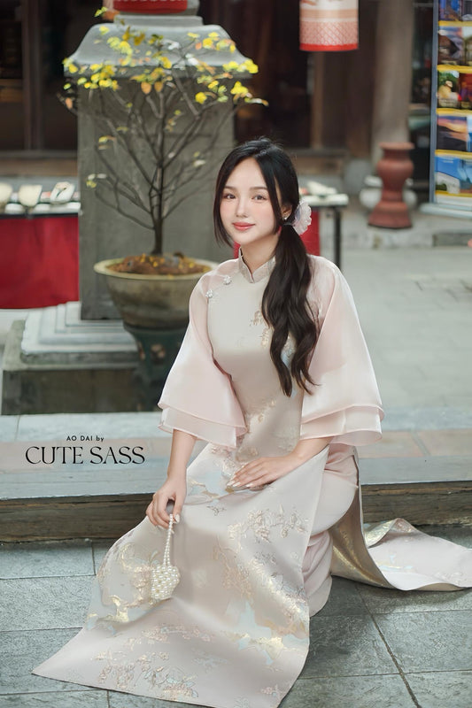 Yen - Pink Heirloom Sheer Sleeves Ao Dai Top Only, No Pants| Pre-made Modernized Vietnamese Ao Dai| Lunar New Year AoDaibyCuteSass