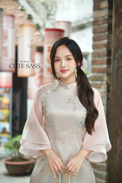 Yen - Pink Heirloom Sheer Sleeves Ao Dai Top Only, No Pants| Pre-made Modernized Vietnamese Ao Dai| Lunar New Year AoDaibyCuteSass