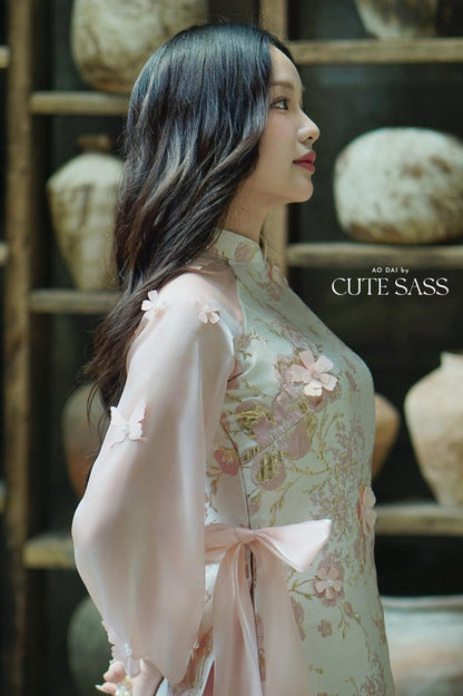 Yen - Pink and Gold 3D Flowers Bow Shifted Ao Dai Set 3D|Pre-made Modernized Vietnamese Ao Dai | Lunar New Year| AoDaibyCuteSass
