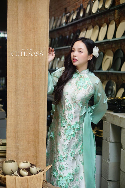 Yen - Cyan and Gold 3D Flowers Bow Shifted Ao Dai Set 3D|Pre-made Modernized Vietnamese Ao Dai | Lunar New Year| AoDaibyCuteSass