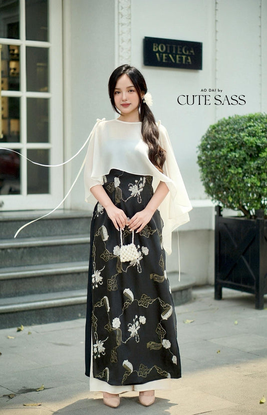 Yen - Black/Gold Eclipse Spaghetti Strap Ao Dai Top with Cape, No Pants, No Bows| Pre-made Modernized Vietnamese Ao Dai| Lunar New Year AoDaibyCuteSass