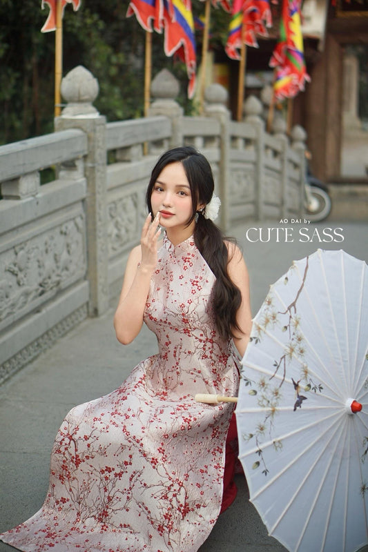 Yen - Red Ruby Sakura Yem-Inspired Ao Dai Top Only, No Pants| Pre-made Modernized Vietnamese Ao Dai| Lunar New Year AoDaibyCuteSass